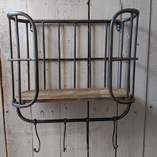 New Vintage RETRO Industrial Black Metal & Wood Caged Shelf Wall Rack w/Hooks