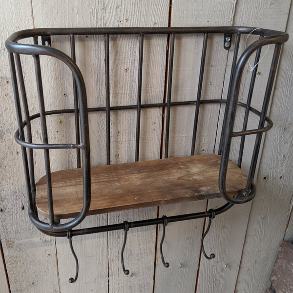 New Vintage RETRO Industrial Black Metal & Wood Caged Shelf Wall Rack w/Hooks