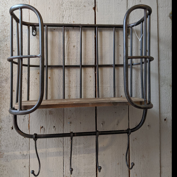 New Vintage RETRO Industrial Black Metal & Wood Caged Shelf Wall Rack w/Hooks