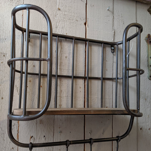 New Vintage RETRO Industrial Black Metal & Wood Caged Shelf Wall Rack w/Hooks