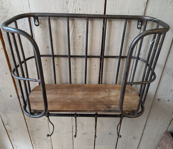 New Vintage RETRO Industrial Black Metal & Wood Caged Shelf Wall Rack w/Hooks