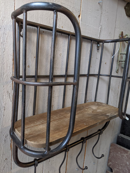 New Vintage RETRO Industrial Black Metal & Wood Caged Shelf Wall Rack w/Hooks