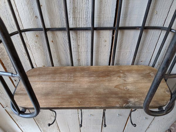 New Vintage RETRO Industrial Black Metal & Wood Caged Shelf Wall Rack w/Hooks