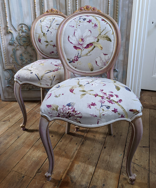 Antique FRENCH Louis Shabby Chic Painted Carved Floral LINEN Hall Boudoir Parlour Chair