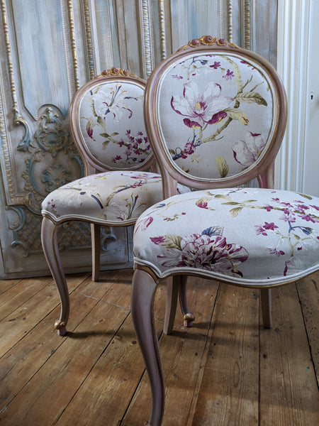 FRENCH LOUIS Shabby Chic Painted Dusky Pink Carved Floral LINEN Hall Boudoir Chair