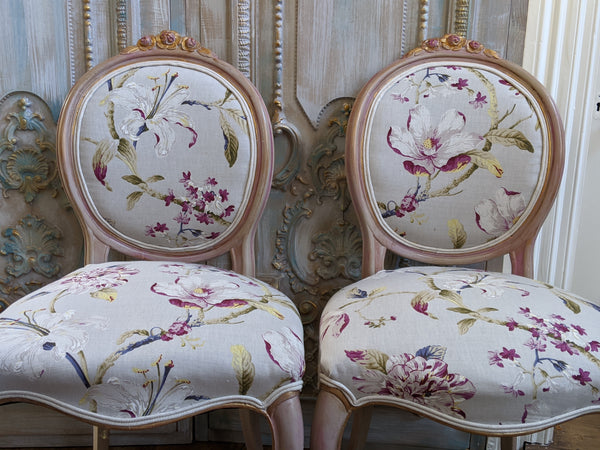 Antique FRENCH Louis Shabby Chic Painted Carved Floral LINEN Hall Boudoir Parlour Chair