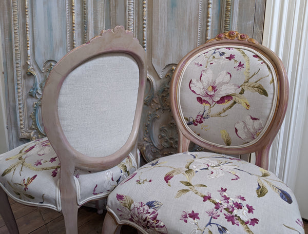 FRENCH LOUIS Shabby Chic Painted Dusky Pink Carved Floral LINEN Hall Boudoir Parlour Chair