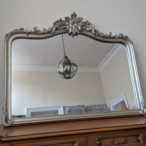 SILVER Pewter French Louis Vintage Antique Ornate Large OVERMANTEL Wall Frame Mirror