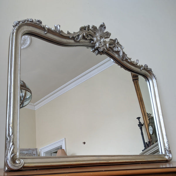 SILVER Pewter French Louis Vintage Antique Ornate Large OVERMANTEL Wall Frame Mirror