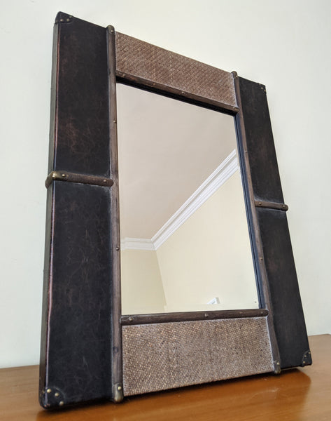 NEW Wood & Rattan Leather Stud Distressed Shabby Chic Large Rustic Wall Mirror
