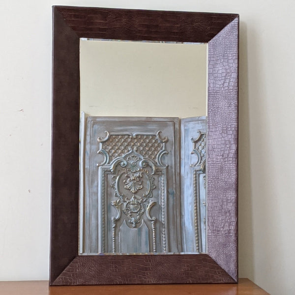New Modern Contemporary Brown Faux Crocodile Skin Rectangle Frame Bevelled Mirror