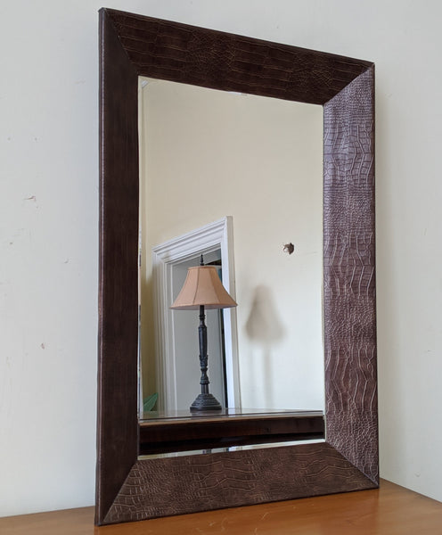 New Modern Contemporary Brown Faux Crocodile Skin Rectangle Frame Bevelled Mirror