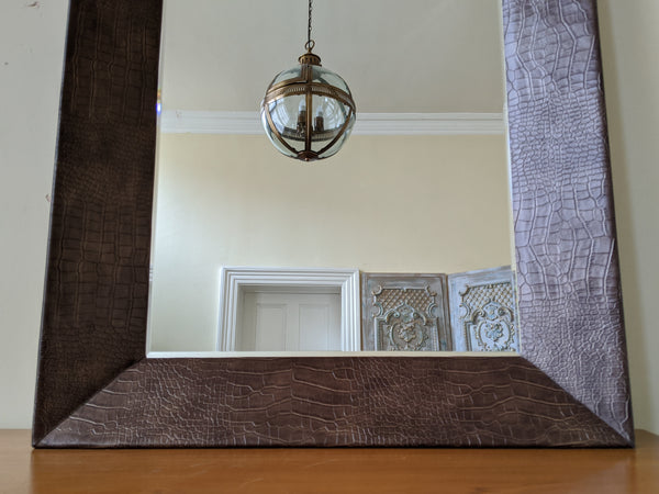 New Modern Contemporary Brown Faux Crocodile Skin Rectangle Frame Bevelled Mirror