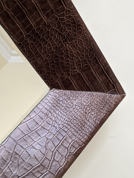 New Modern Contemporary Brown Faux Crocodile Skin Rectangle Frame Bevelled Mirror