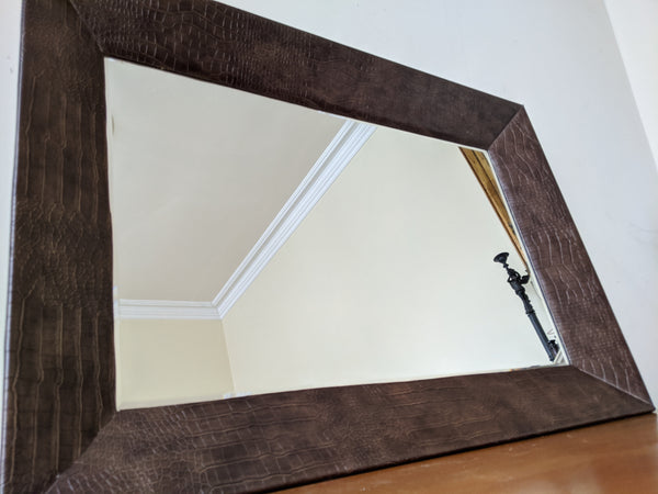 New Modern Contemporary Brown Faux Crocodile Skin Rectangle Frame Bevelled Mirror