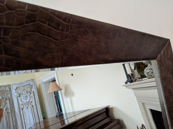 New Modern Contemporary Brown Faux Crocodile Skin Rectangle Frame Bevelled Mirror