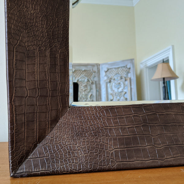 New Modern Contemporary Brown Faux Crocodile Skin Rectangle Frame Bevelled Mirror