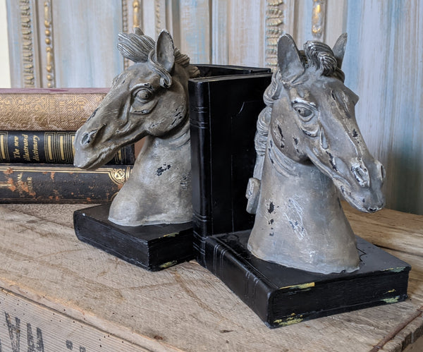 New Grey & Black HORSE Head Vintage Style Ornate Shabby Chic Rustic Shelf Tidy BookEnds Book Stop