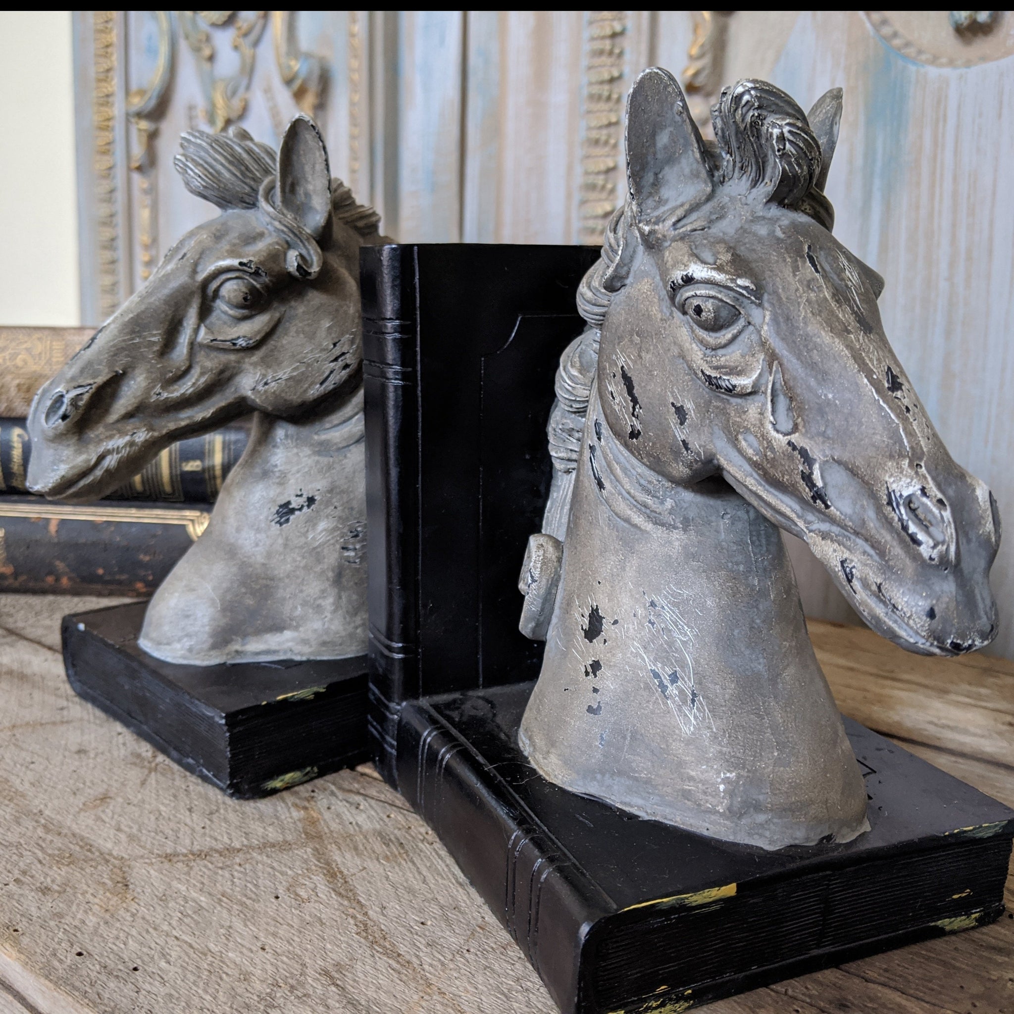 New Grey & Black HORSE Head Vintage Style Ornate Shabby Chic Rustic Shelf Tidy BookEnds Book Stop