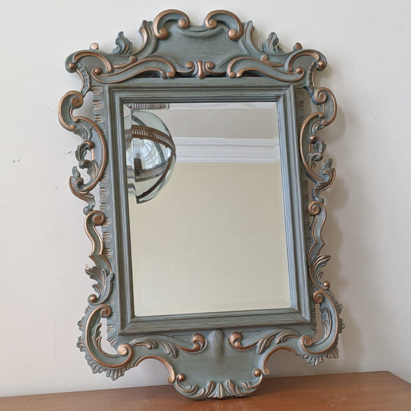 Vintage Mahogany Shabby Chic French Louis Sage GREEN Painted Carved Wall Bevel Mirror
