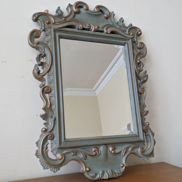 Vintage Mahogany Shabby Chic French Louis Sage GREEN Painted Carved Wall Bevel Mirror