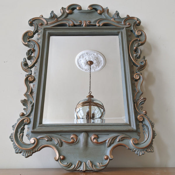 Vintage Mahogany Shabby Chic French Louis Sage GREEN Painted Carved Wall Bevel Mirror