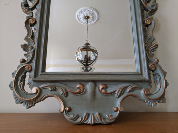 Vintage Mahogany Shabby Chic French Louis Sage GREEN Painted Carved Wall Bevel Mirror