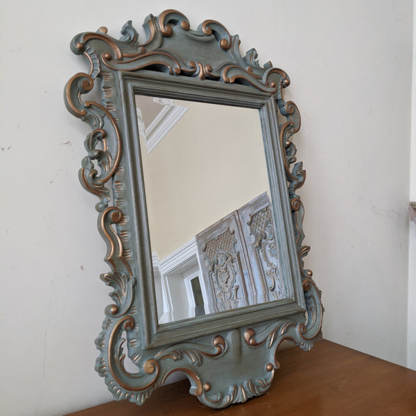 Vintage Mahogany Shabby Chic French Louis Sage GREEN Painted Carved Wall Bevel Mirror