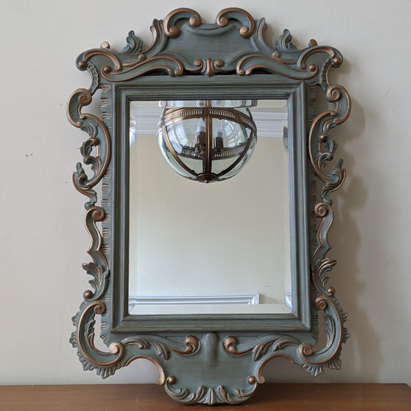 Vintage Mahogany Shabby Chic French Louis Sage GREEN Painted Carved Wall Bevel Mirror