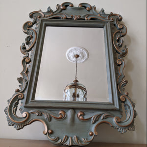 Vintage Mahogany Shabby Chic French Louis Sage GREEN Painted Carved Wall Bevel Mirror