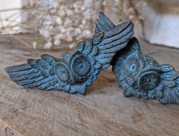 NEW French Vintage Verdigris OWL Shabby Chic Metal Rustic Door Drawer Knob Pull Wings