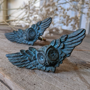 NEW French Vintage Verdigris OWL Shabby Chic Metal Rustic Door Drawer Knob Pull Wings
