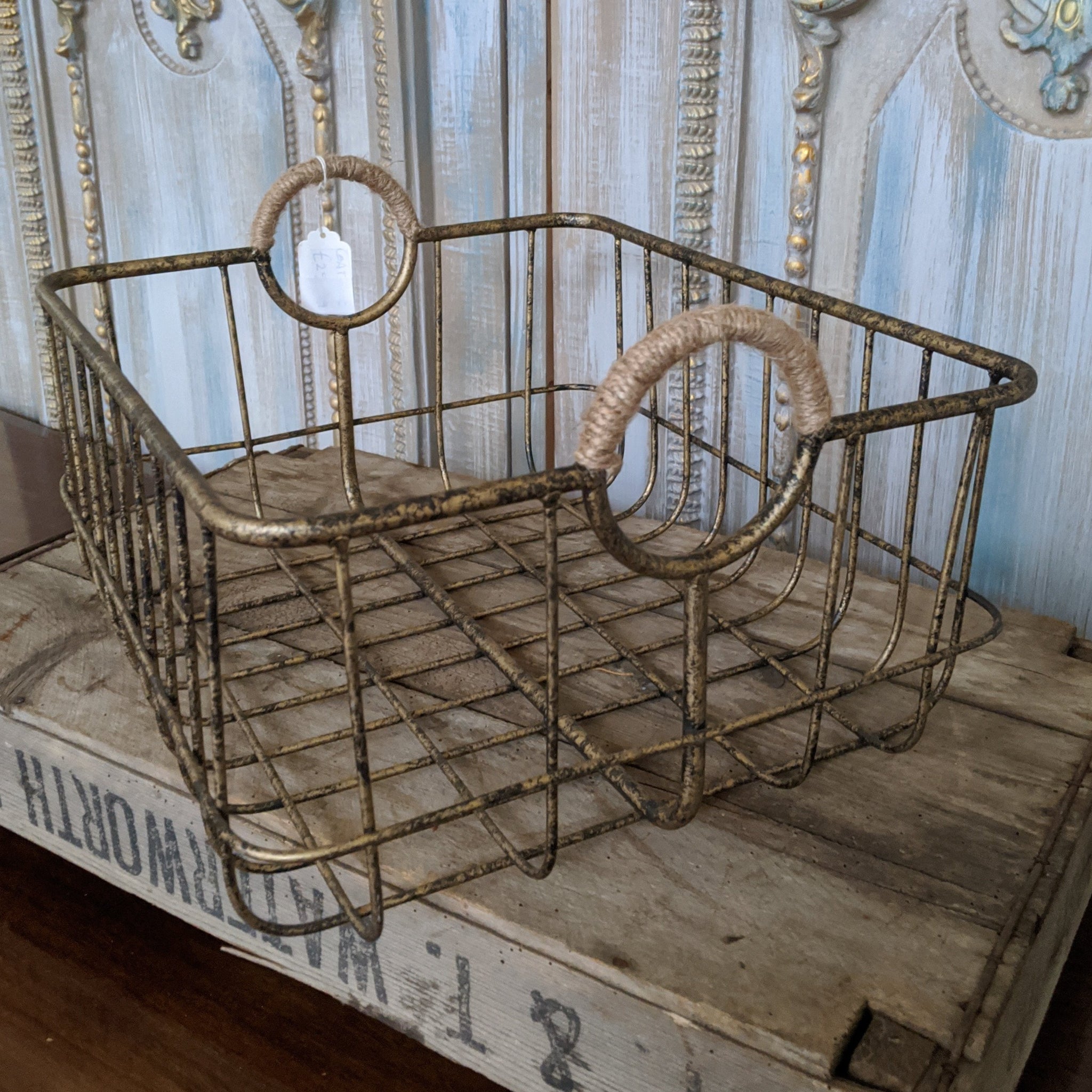 NEW French Vintage Shabby Chic Metal GOLD Hanging ROPE Storage Display Basket