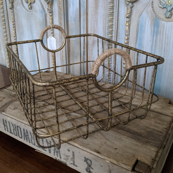 NEW French Vintage Shabby Chic Metal GOLD Hanging ROPE Storage Display Basket