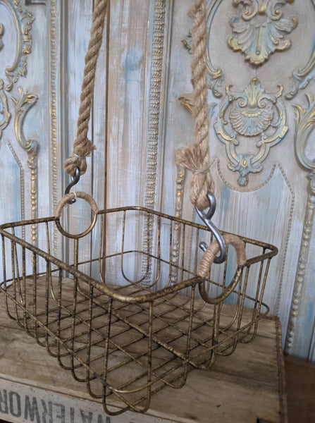 NEW French Vintage Shabby Chic Metal GOLD Hanging ROPE Storage Display Basket