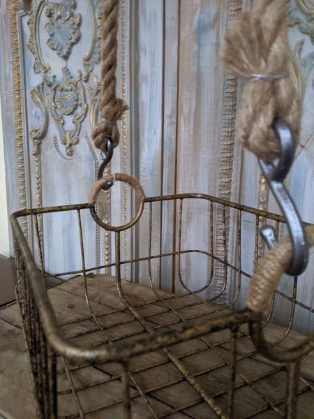 NEW French Vintage Shabby Chic Metal GOLD Hanging ROPE Storage Display Basket