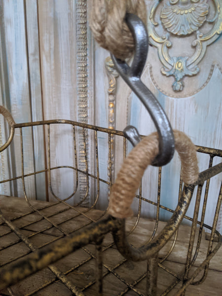 NEW French Vintage Shabby Chic Metal GOLD Hanging ROPE Storage Display Basket
