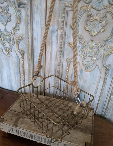 NEW French Vintage Shabby Chic Metal GOLD Hanging ROPE Storage Display Basket