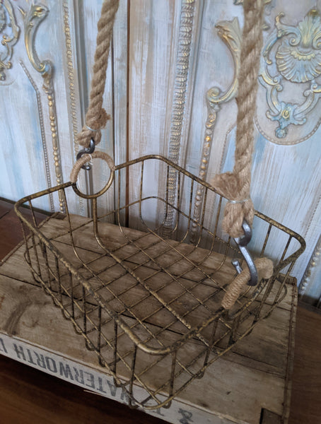 NEW French Vintage Shabby Chic Metal GOLD Hanging ROPE Storage Display Basket