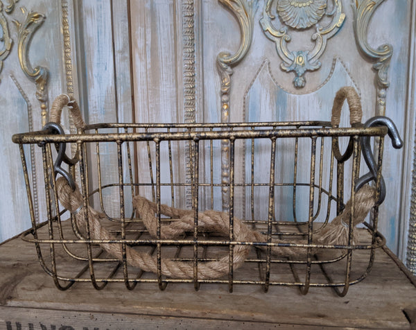 NEW French Vintage Shabby Chic Metal GOLD Hanging ROPE Storage Display Basket
