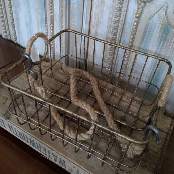 NEW French Vintage Shabby Chic Metal GOLD Hanging ROPE Storage Display Basket