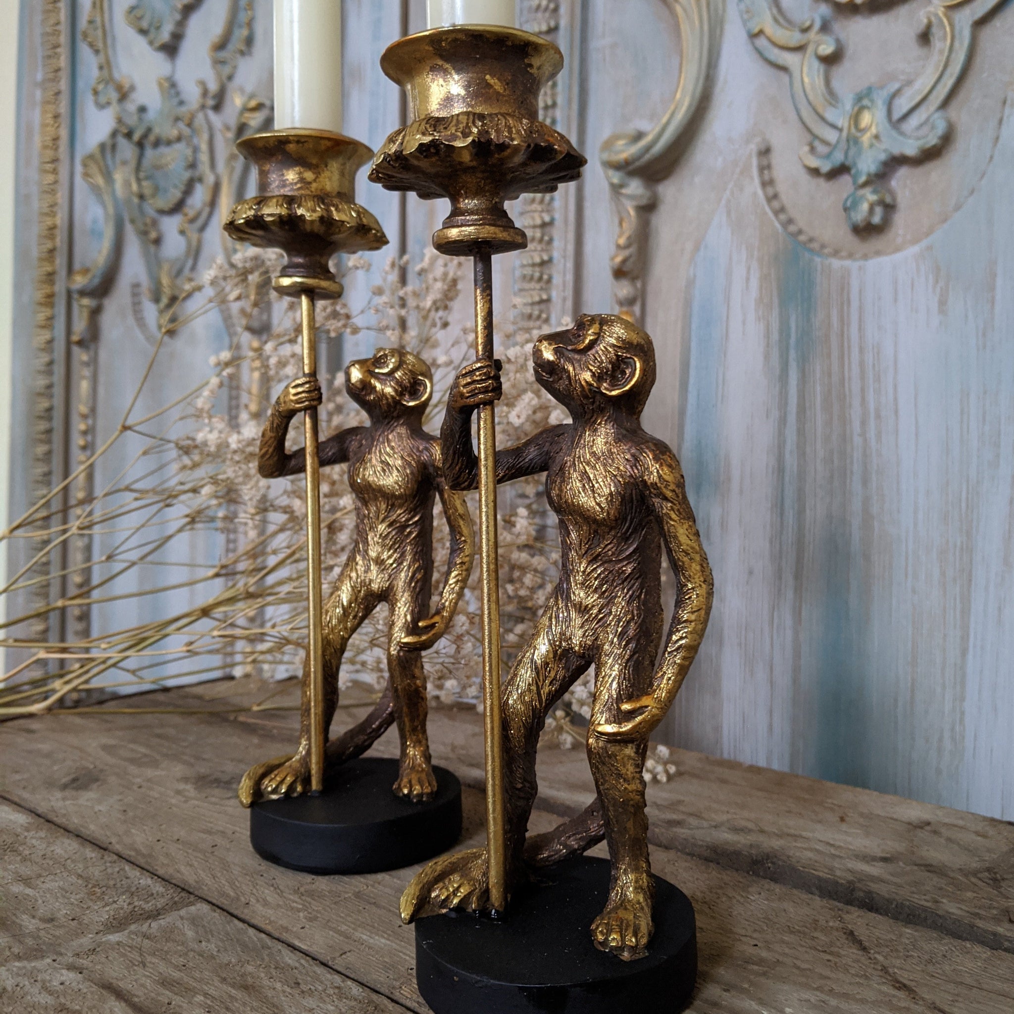 New Vintage French Style Shabby Chic GOLD MONKEY Candlestick Candle Holder