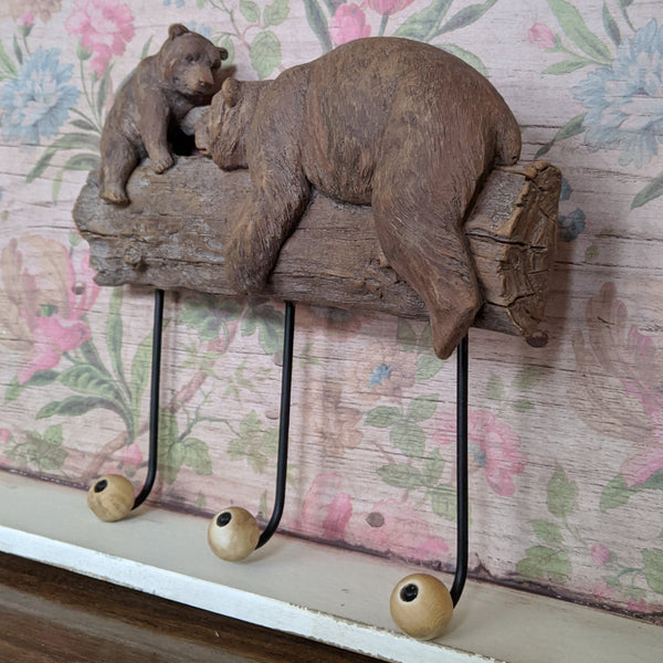 New Mother & Baby BEAR Shabby Chic Rustic Wall Door 3 Coat HOOKS