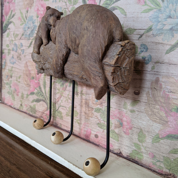 New Mother & Baby BEAR Shabby Chic Rustic Wall Door 3 Coat HOOKS
