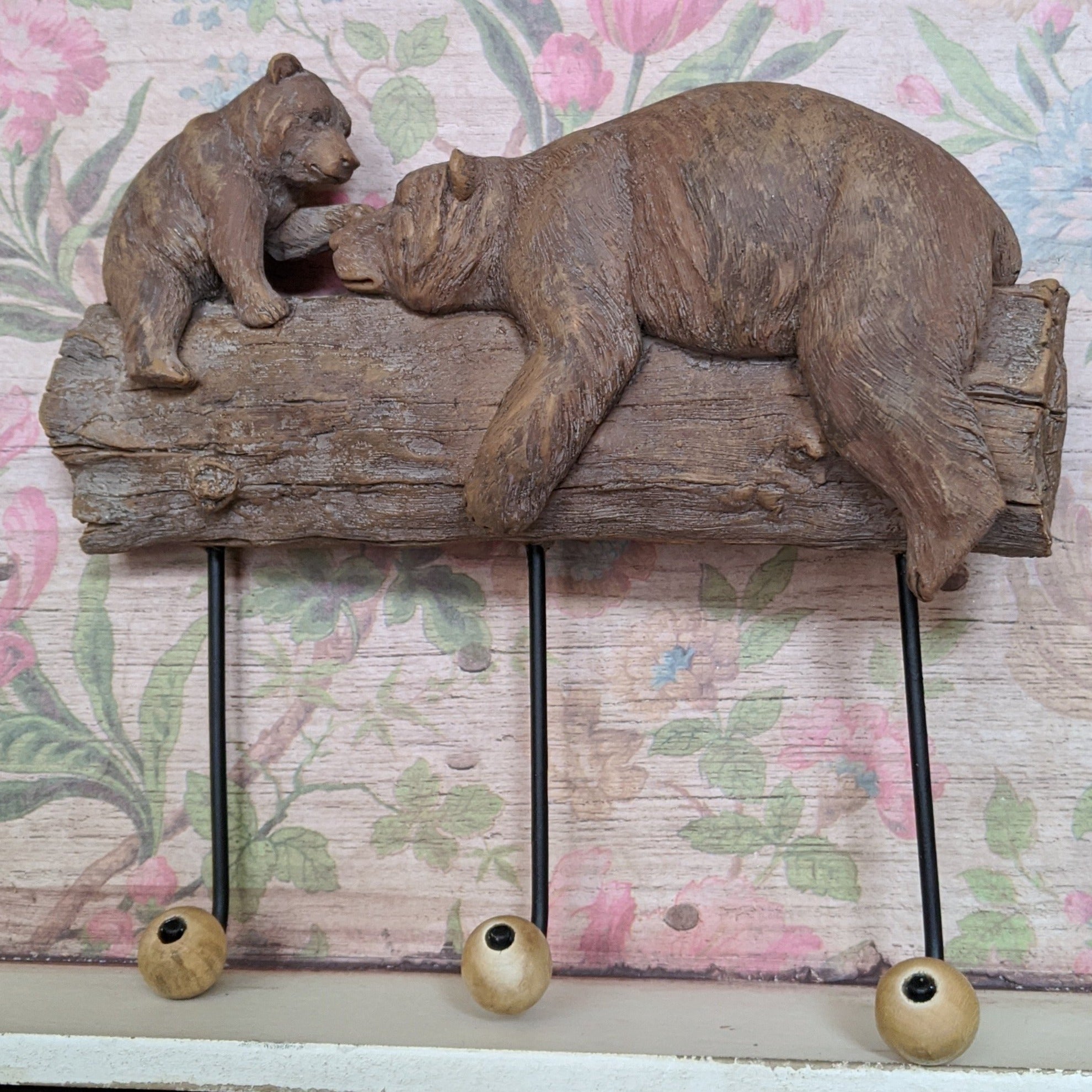 New Mother & Baby BEAR Shabby Chic Rustic Wall Door 3 Coat HOOKS