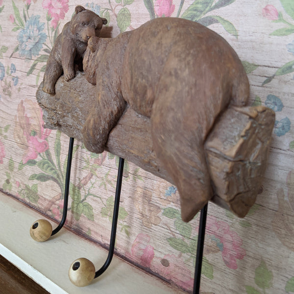 New Mother & Baby BEAR Shabby Chic Rustic Wall Door 3 Coat HOOKS