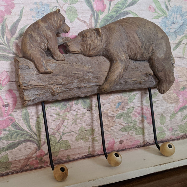 New Mother & Baby BEAR Shabby Chic Rustic Wall Door 3 Coat HOOKS