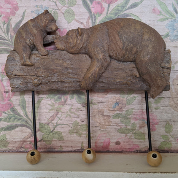 New Mother & Baby BEAR Shabby Chic Rustic Wall Door 3 Coat HOOKS