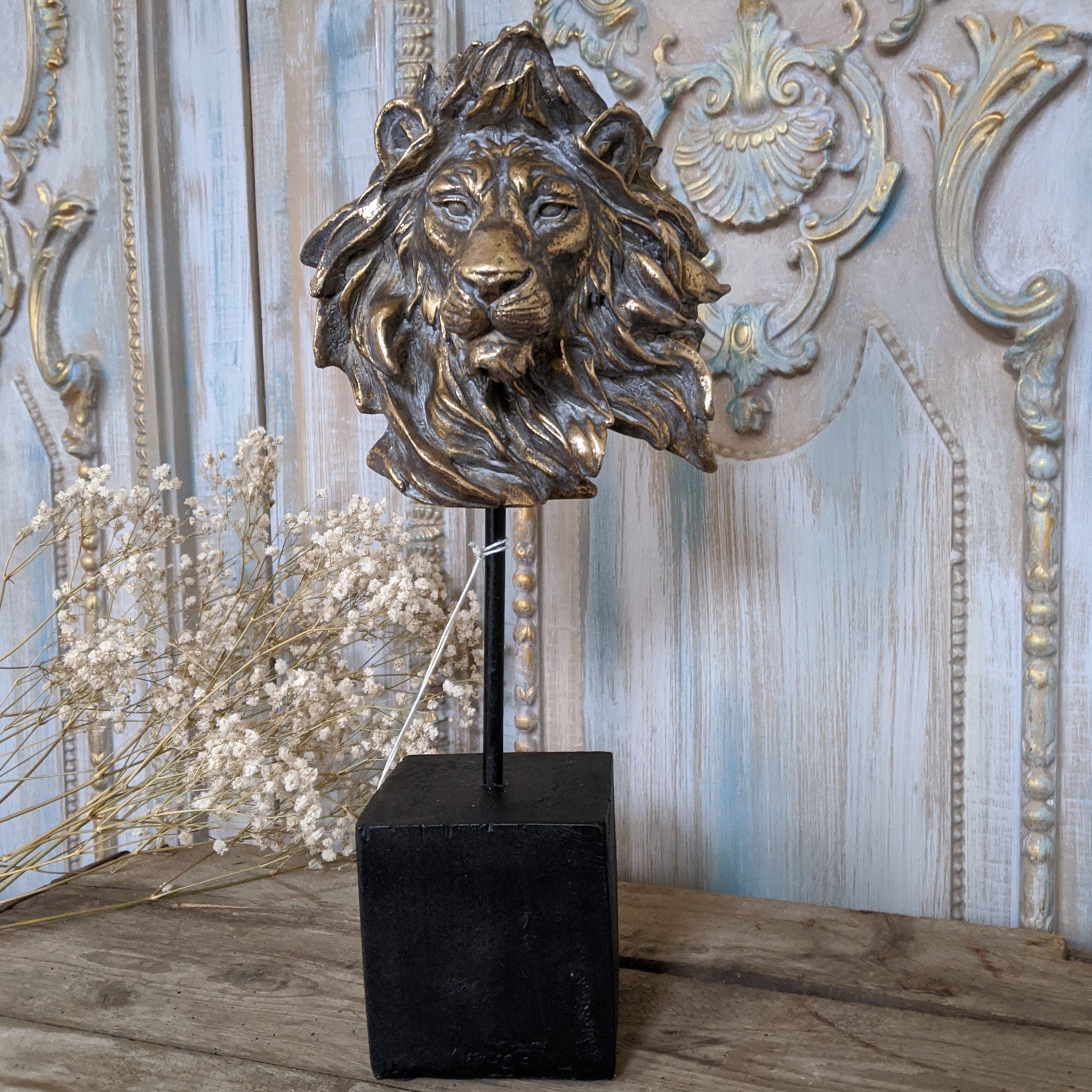New Ornate LIONS Head Gold BUST On Stand Rustic Vintage Style