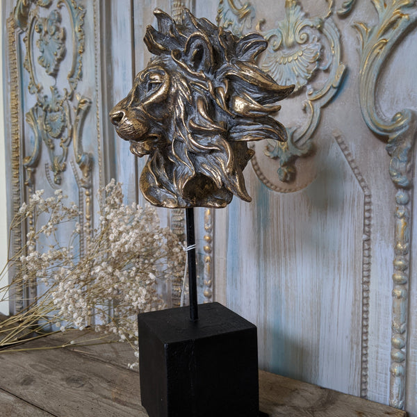 New Ornate LIONS Head Gold BUST On Stand Rustic Vintage Style